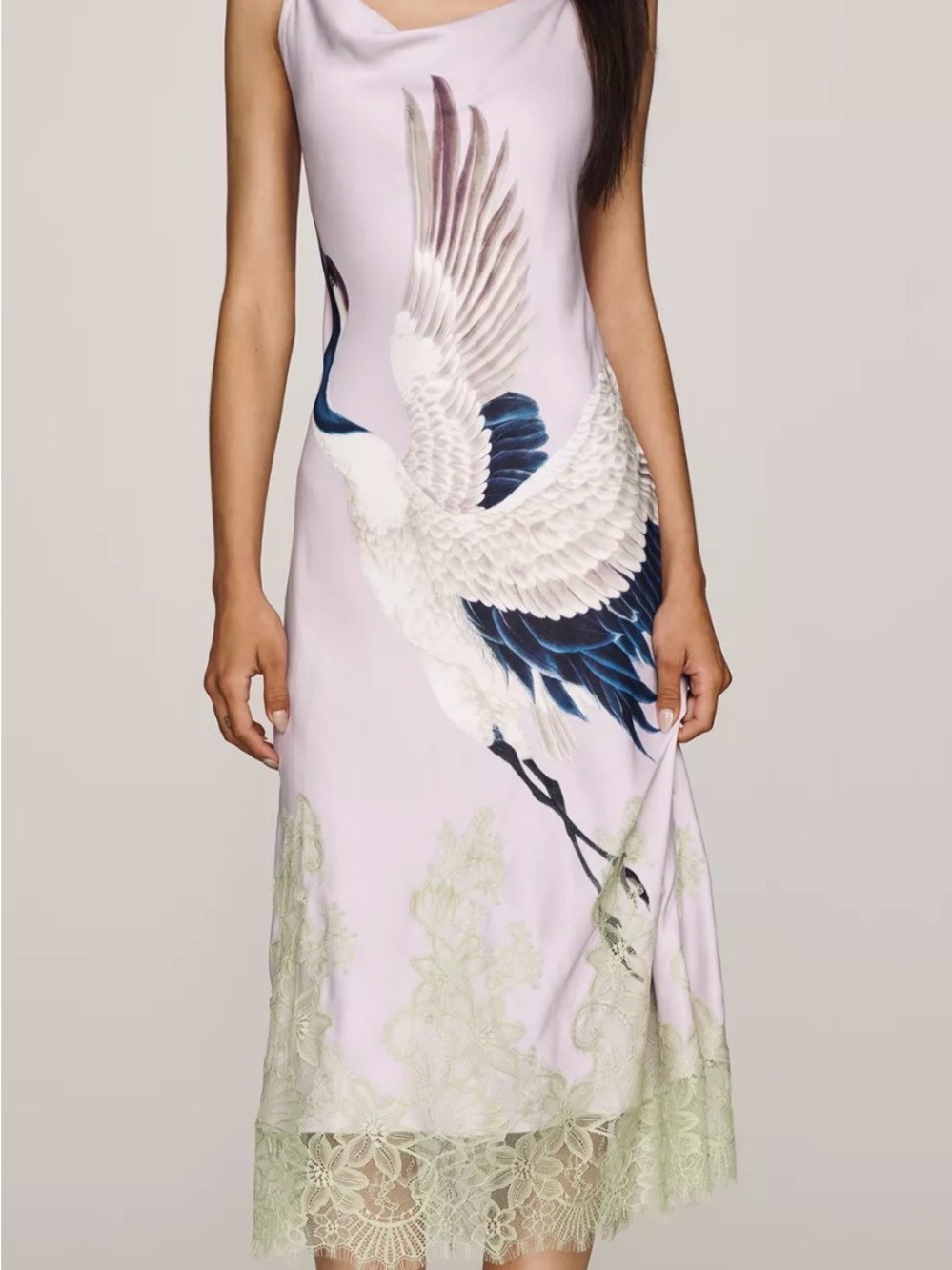 Maeve Cowl Neck Lace Trim Crane Midi Dress Large NWT